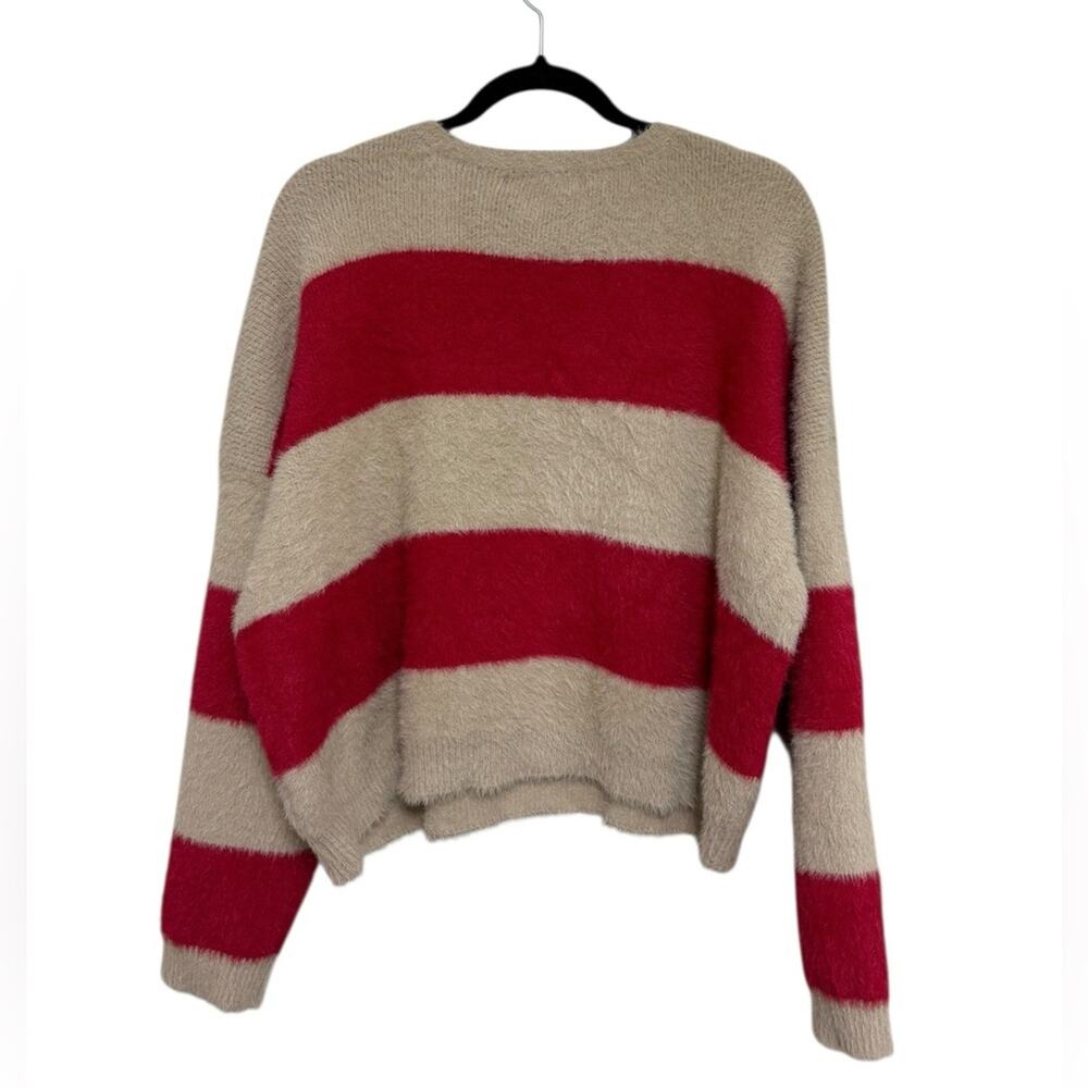 NWT By Together Striped Fuzzy Knit V-Neck Sweater in Red and Taupe - Size S - Picture 4 of 7